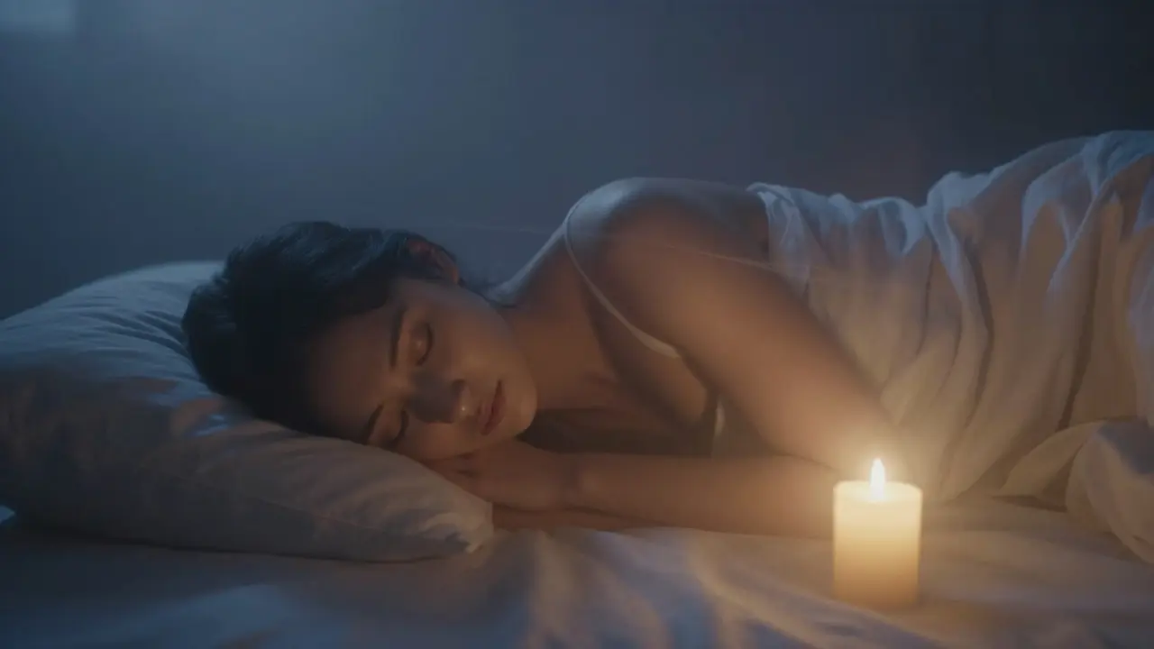 Osoba usnula na boku v klidné posteli, jemné světlo a mlha symbolizují klid mezi bděním a spánkem.