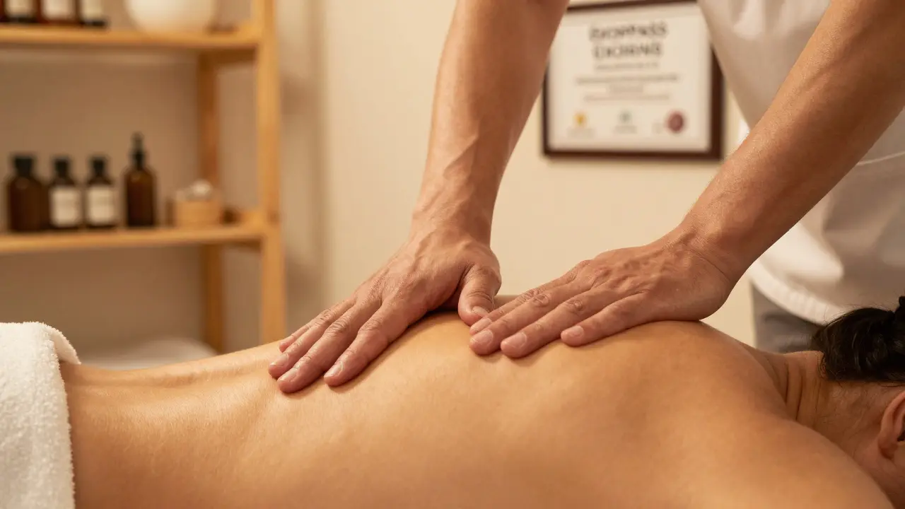 Ruce maséra pracují na rameni klienta s jemným napětím svalu a oleji na stole.