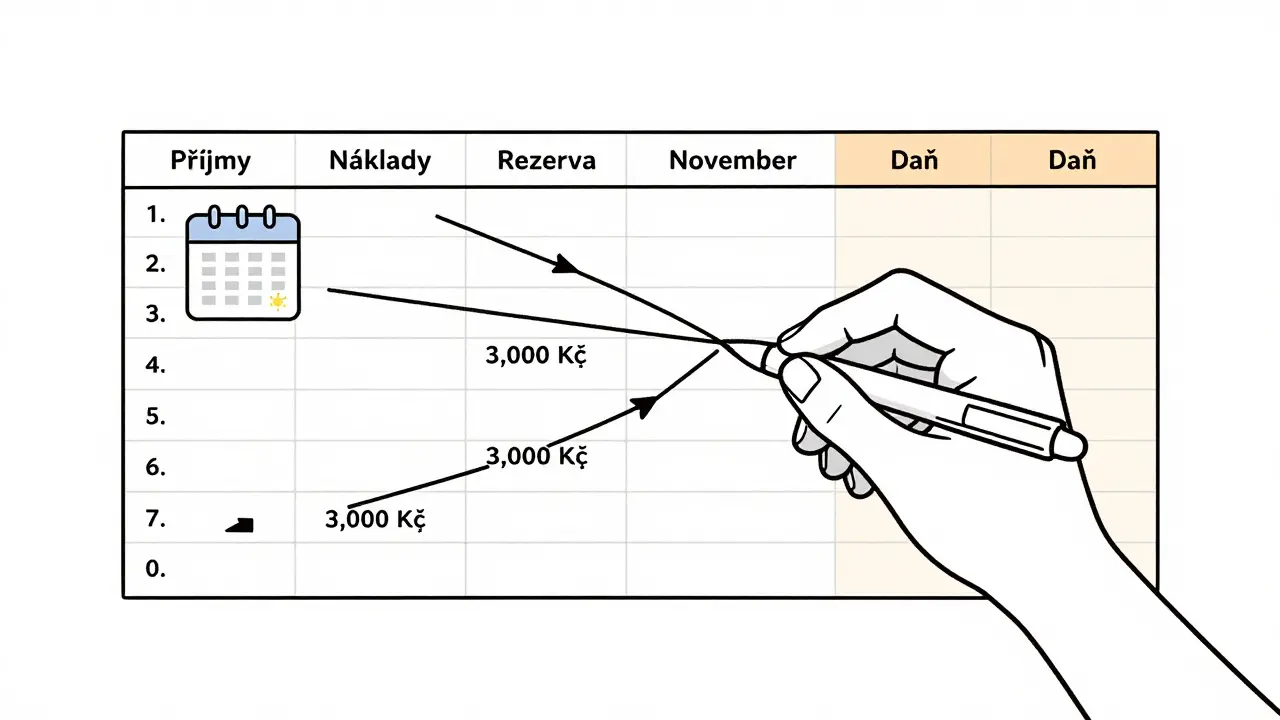 Rukou psaný měsíční cashflow plán s příjmy, náklady a rezervou, s důrazem na sezónnost.