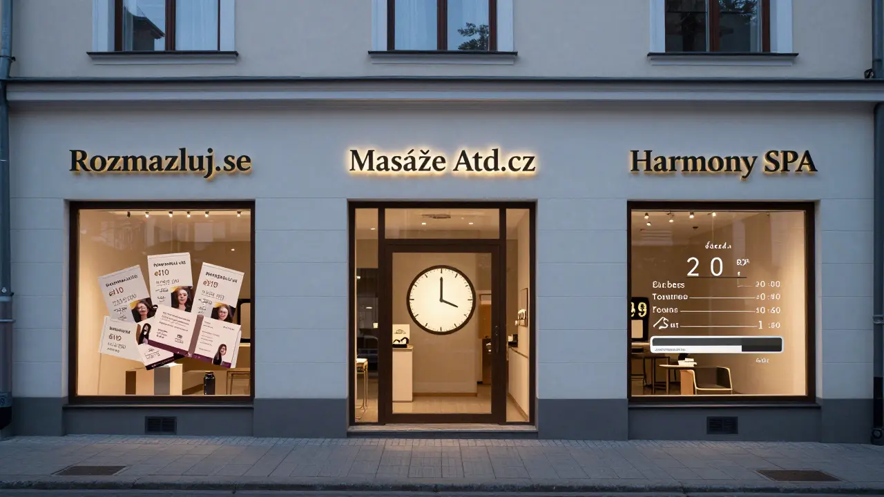 Tři české wellness salony s různými typy dárkových poukazů zobrazené jako minimalistické obchody ve večerním světle.