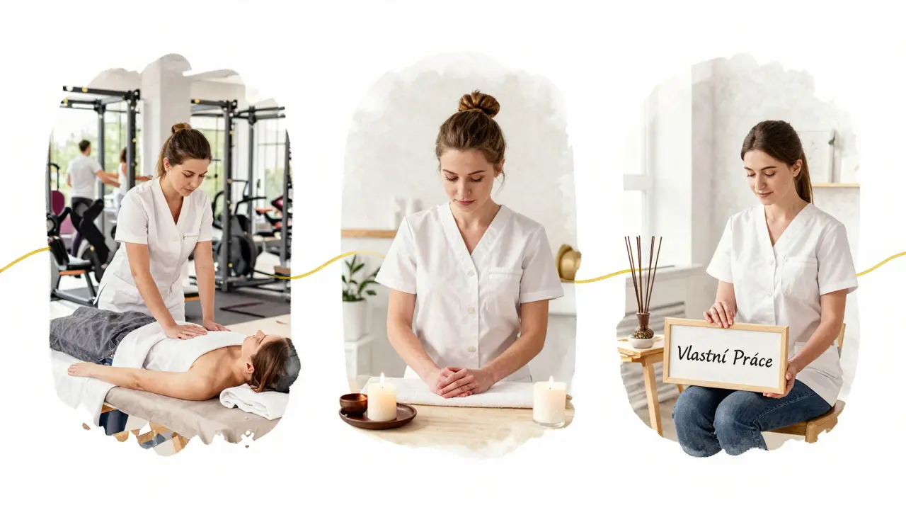 Tři pracovní cesty maséra: fitness centrum, lázně a vlastní studio.