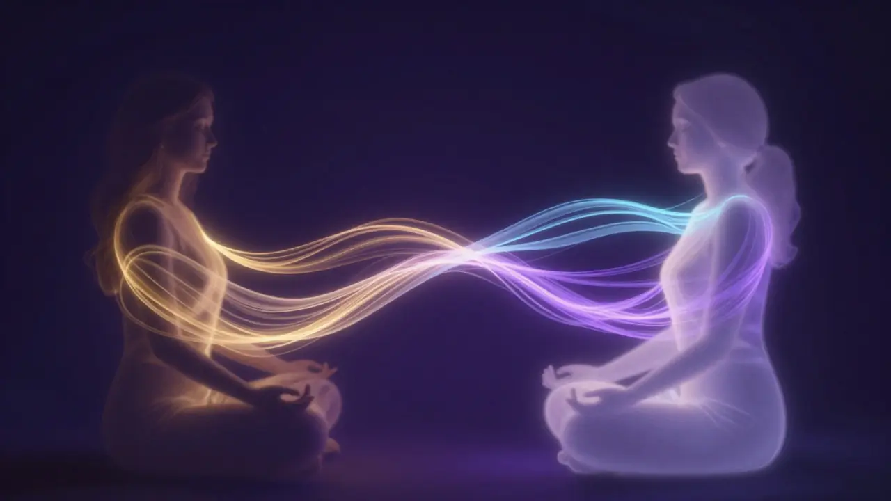 Abstraktní zobrazení energetického proudění a harmonizace čaker během seance.