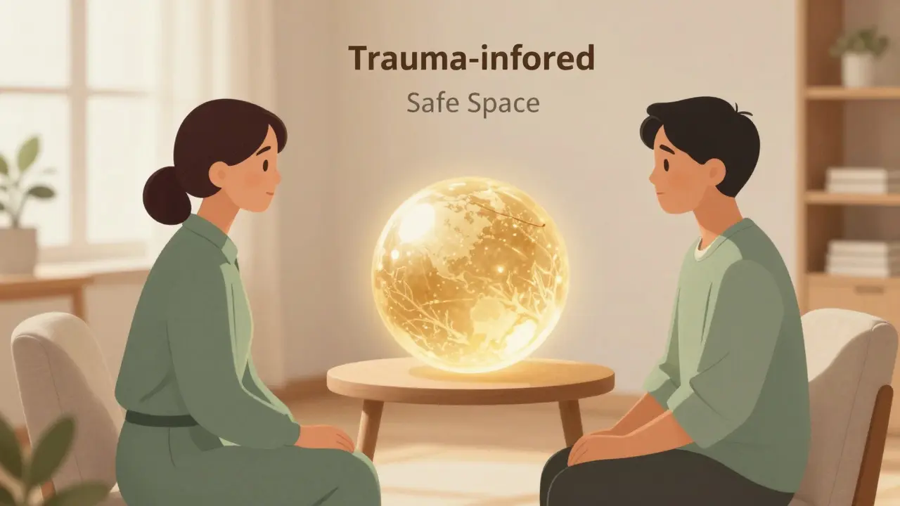 Bezpečný prostor s terapeutem a klientem a symbolickým zlatým ochranným polem.