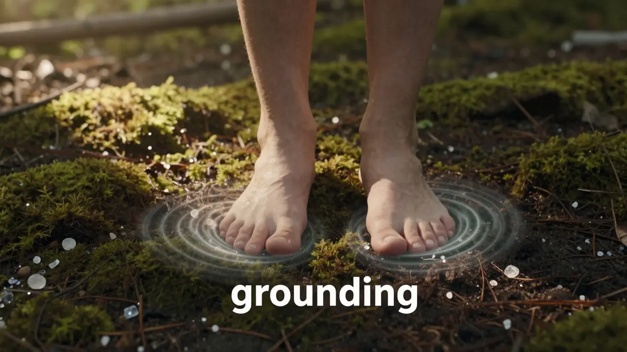 Bosé nohy na mechu s vlnami světla symbolizující uzemnění a vnitřní klid.