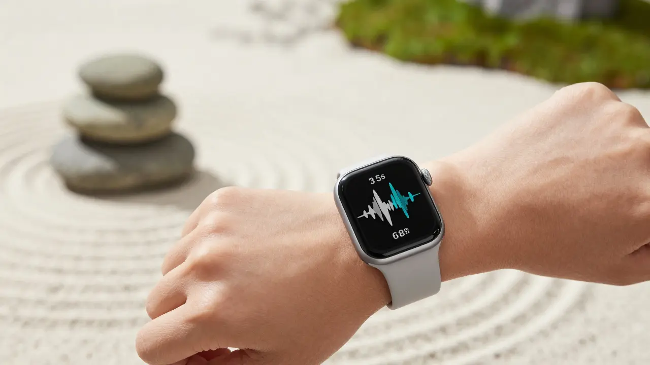 Detail chytrých hodin s dechovým rytmem na pozadí zenové zahrady.