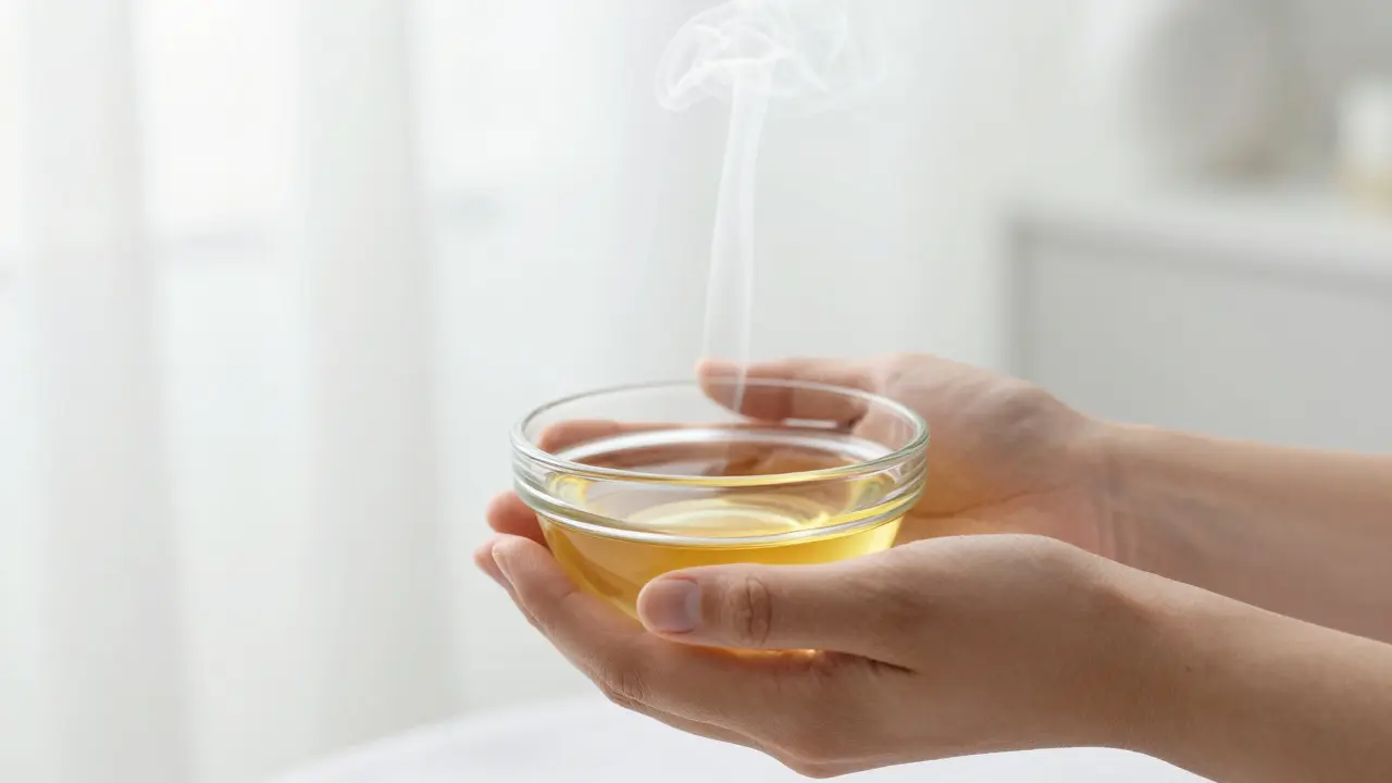 Detail esenciálních olejů a vonného kouře v minimalistickém spa prostředí.