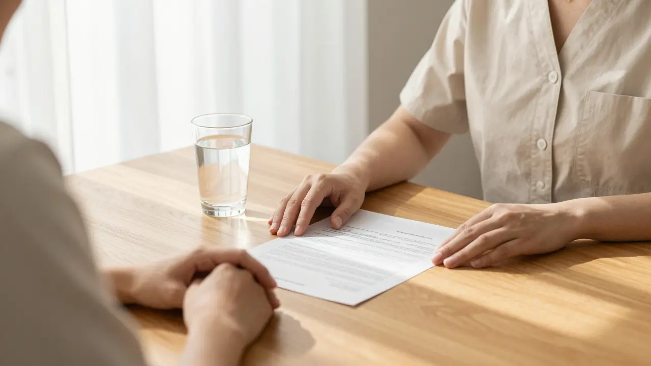 Detail konzultace s dokumentem o souhlasu na dřevěném stole v klidném studiu.