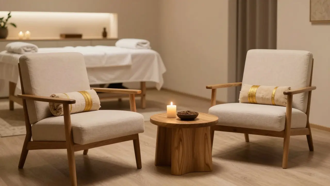 Interiér profesionálního tantrického studia připravený pro terapeutický rozhovor.