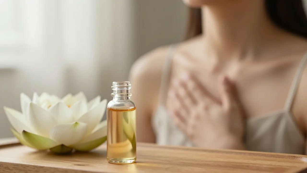 Kapička esenciálního oleje a lotus, symbolizující vědomý dech a klid.