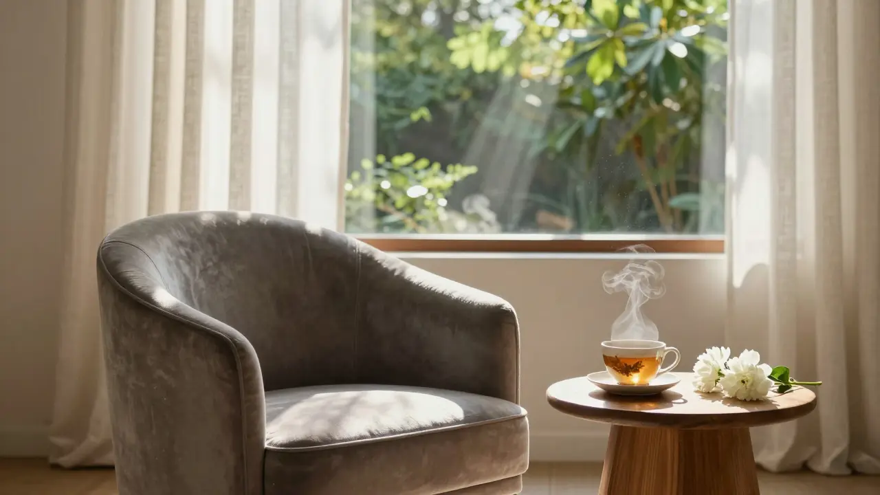 Klidná místnost osvětlená sluncem připravená na regeneraci.