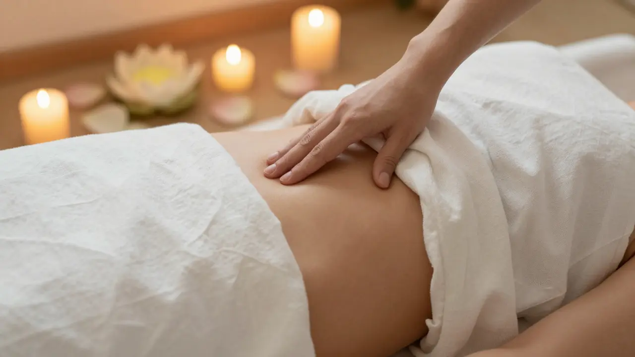 Klidný detail podbřišku ženy v terapeutickém prostředí s teplým svícením.