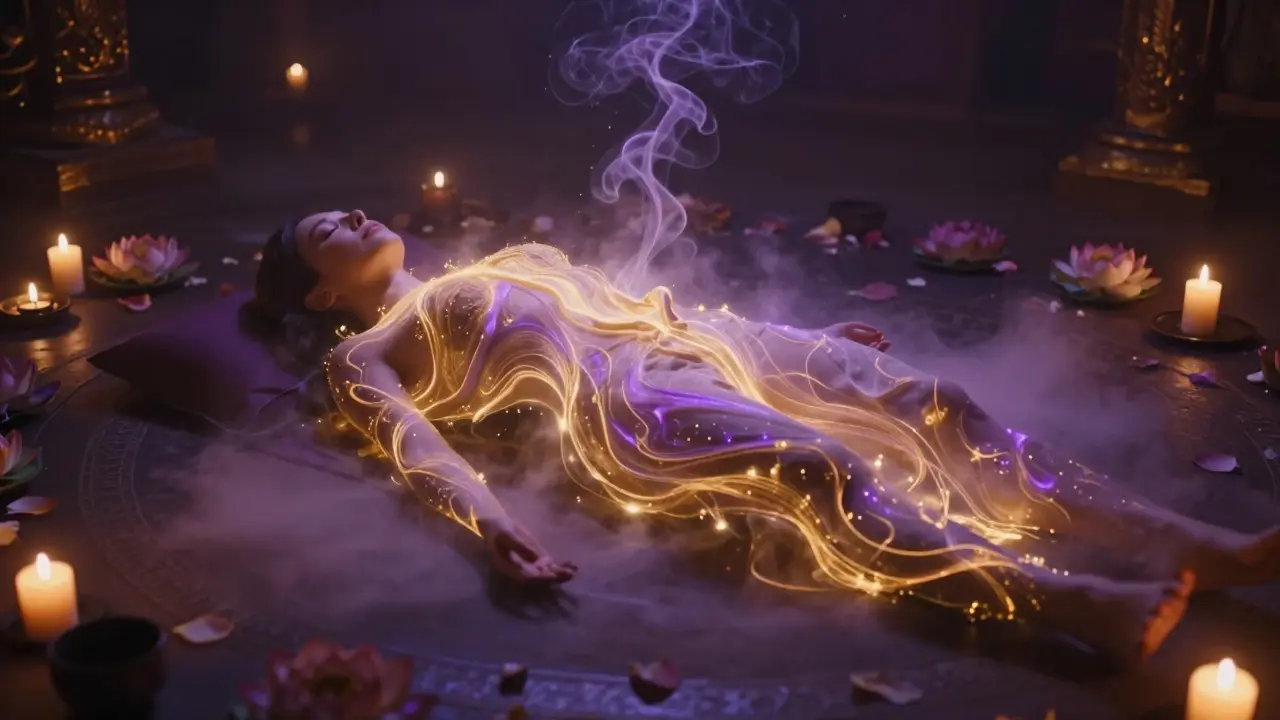 Konceptuální zobrazení energetického rozproudění a zlaté energie v těle během tantry.