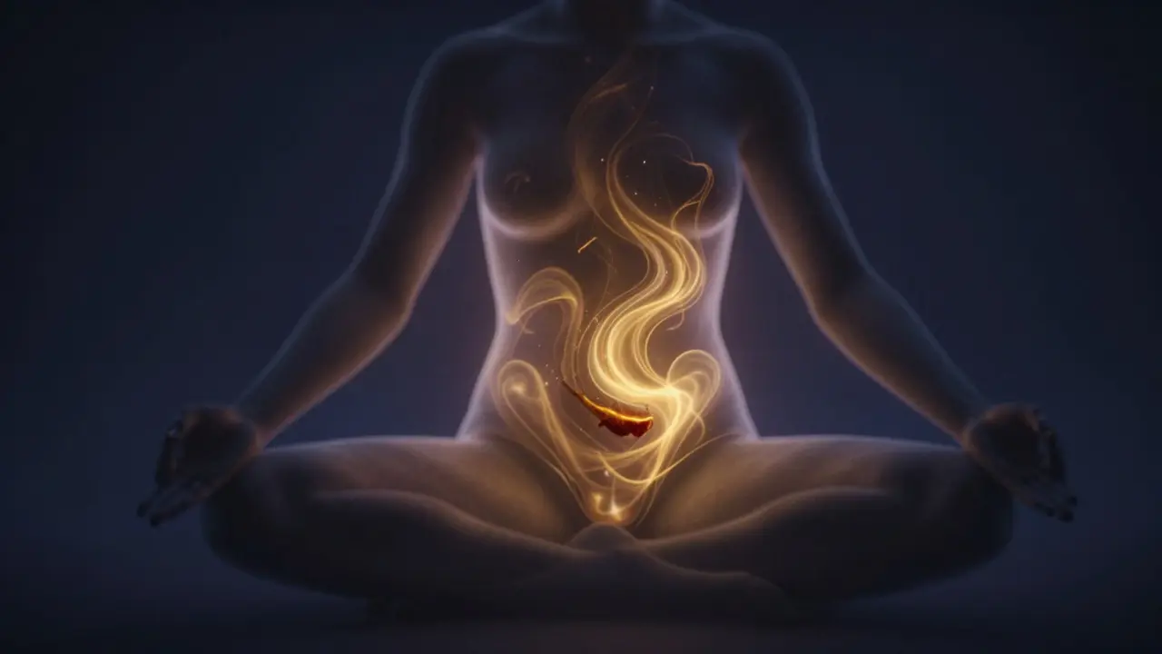 Konceptuální zobrazení energetických center v těle během regenerace.