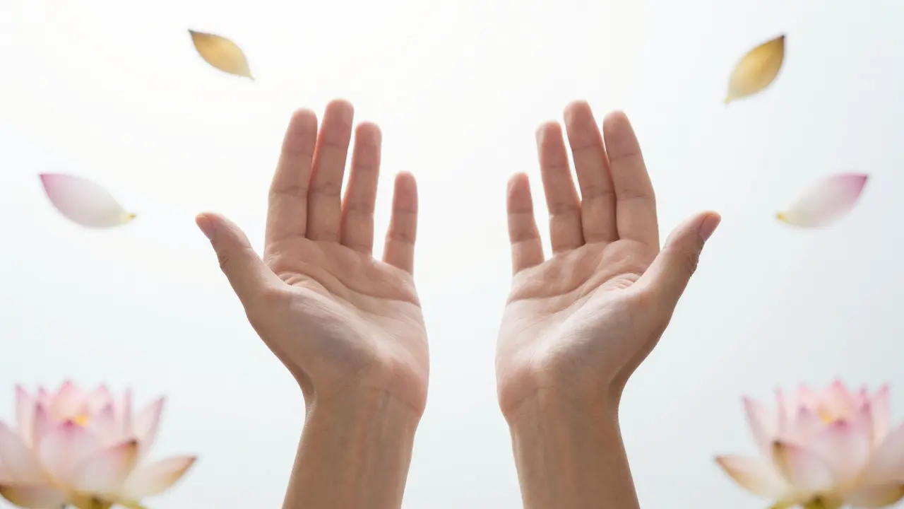 Otevřené ruce v zářivém bílém prostoru s plovoucími okvětními lístky lotosu.