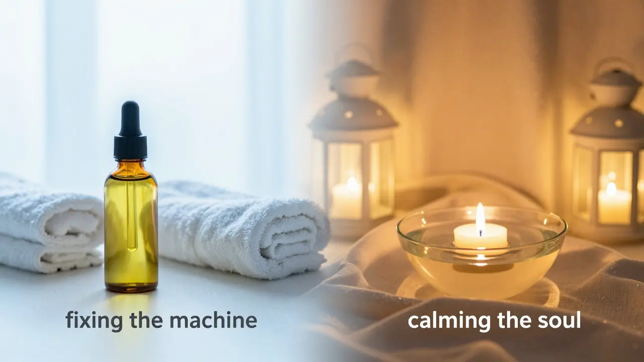 Srovnání moderního spa prostředí pro švédskou masáž a duchovního sanctuary pro tantru.