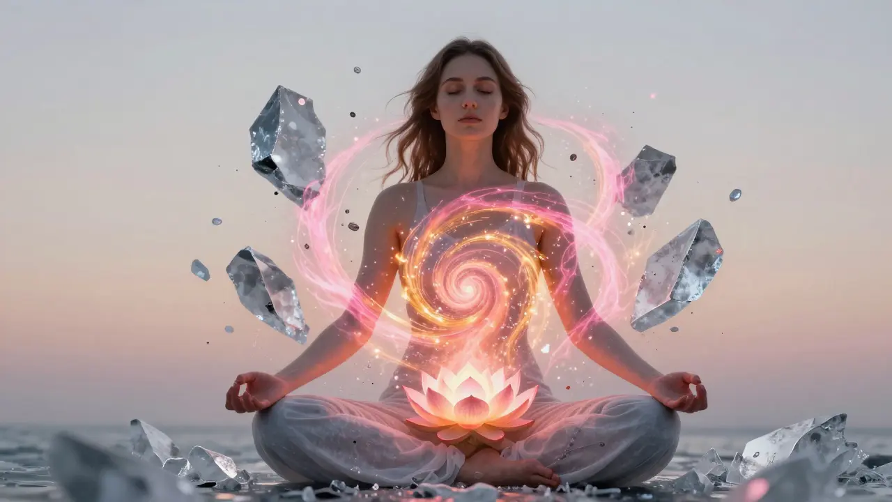 Symbolické znázornění uvolnění traumatu pomocí rozpukujícího se lotosu v oblasti pánve.