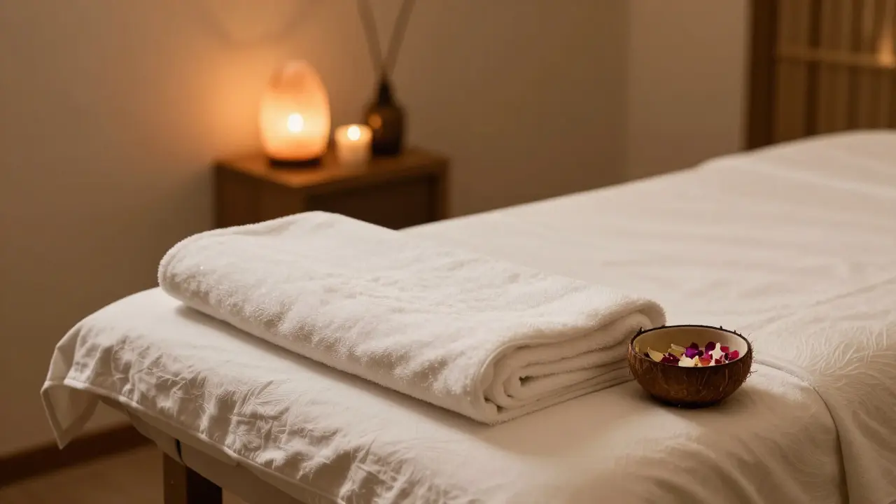 Upravená, teplá místnost s masážním stolem připravená pro terapeutickou relaci.