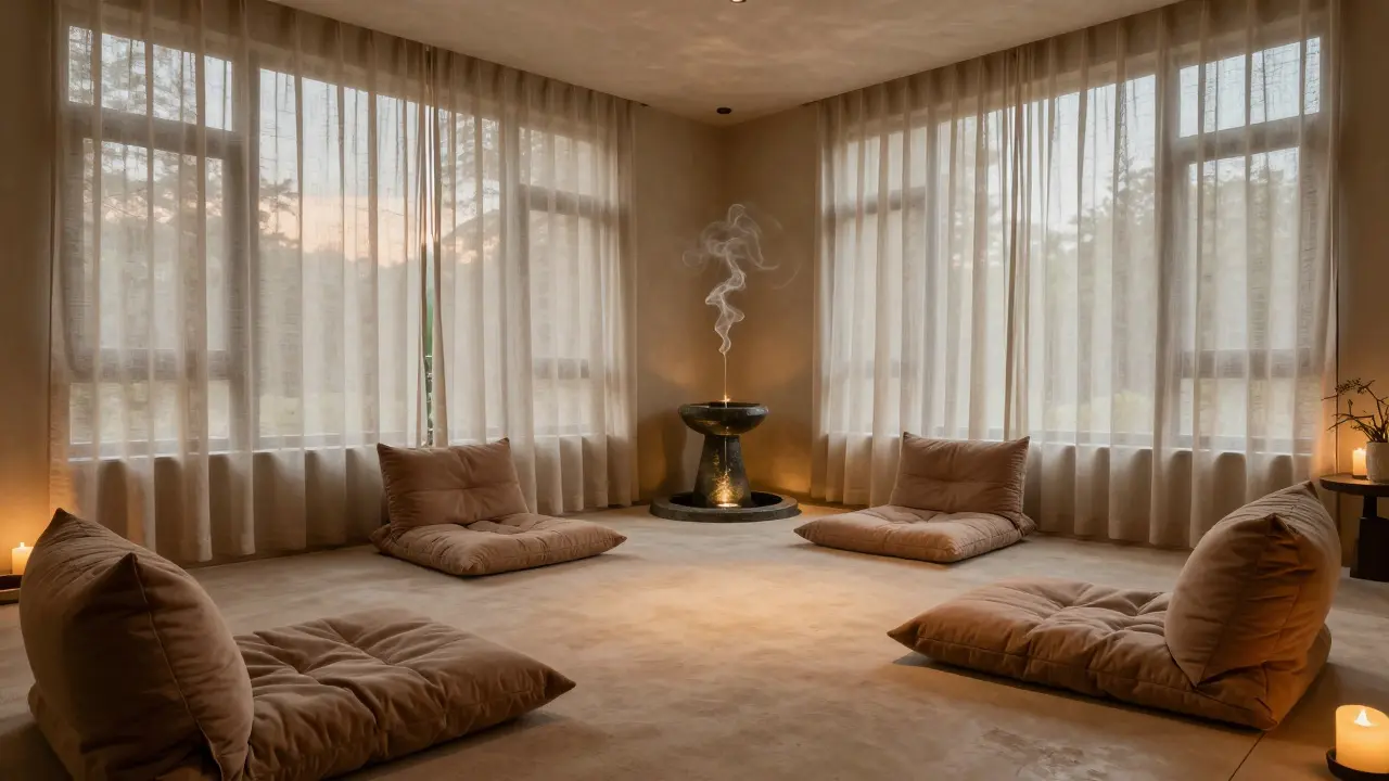 Útulná relaxační zóna v salonu s meditačními polštáři a jemným osvětlením.