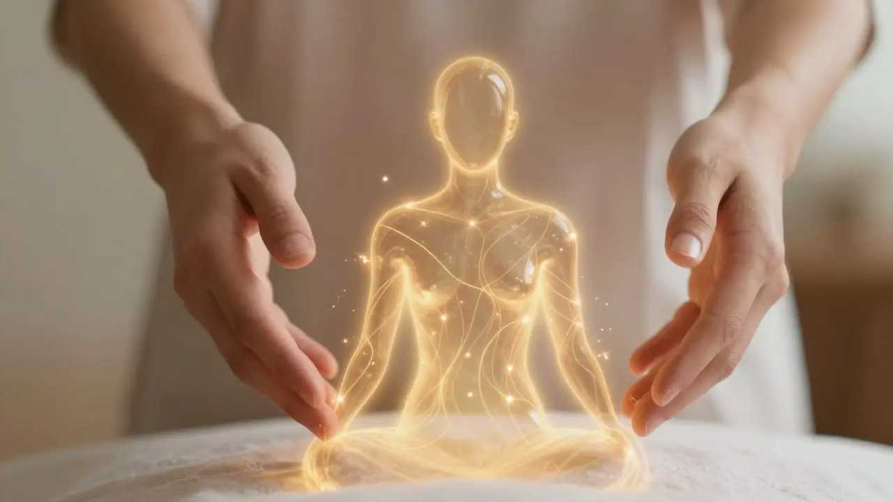 Abstraktní vizualizace toku energie a uzdravení rukama