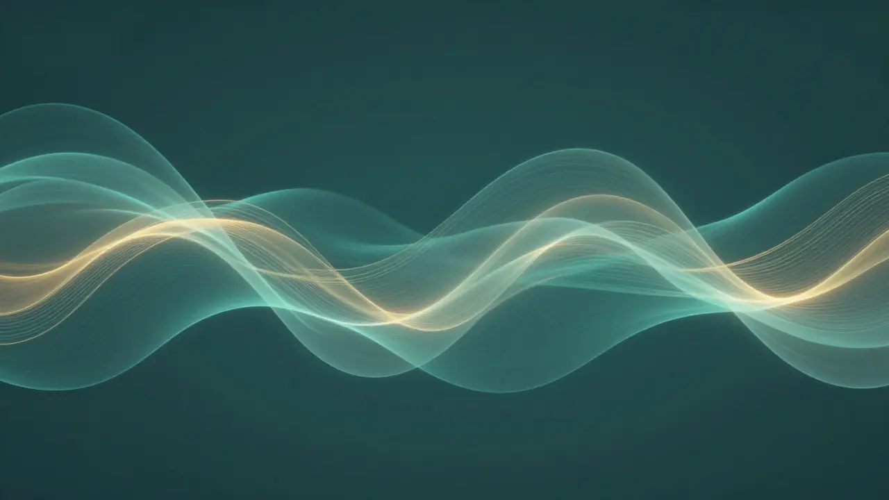 Abstraktní vlny světla symbolizující synchronizaci dechu a energetický tok.