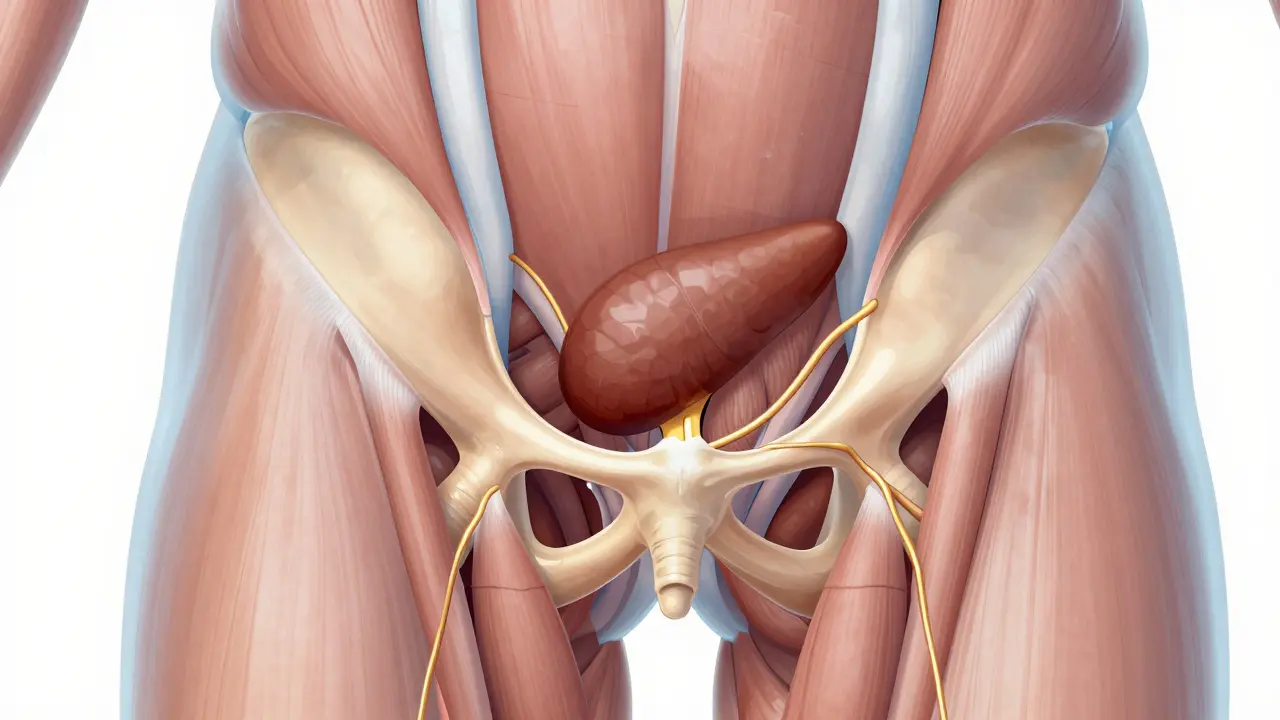 Anatomická ilustrace prostaty a uvolněných svalů pánve