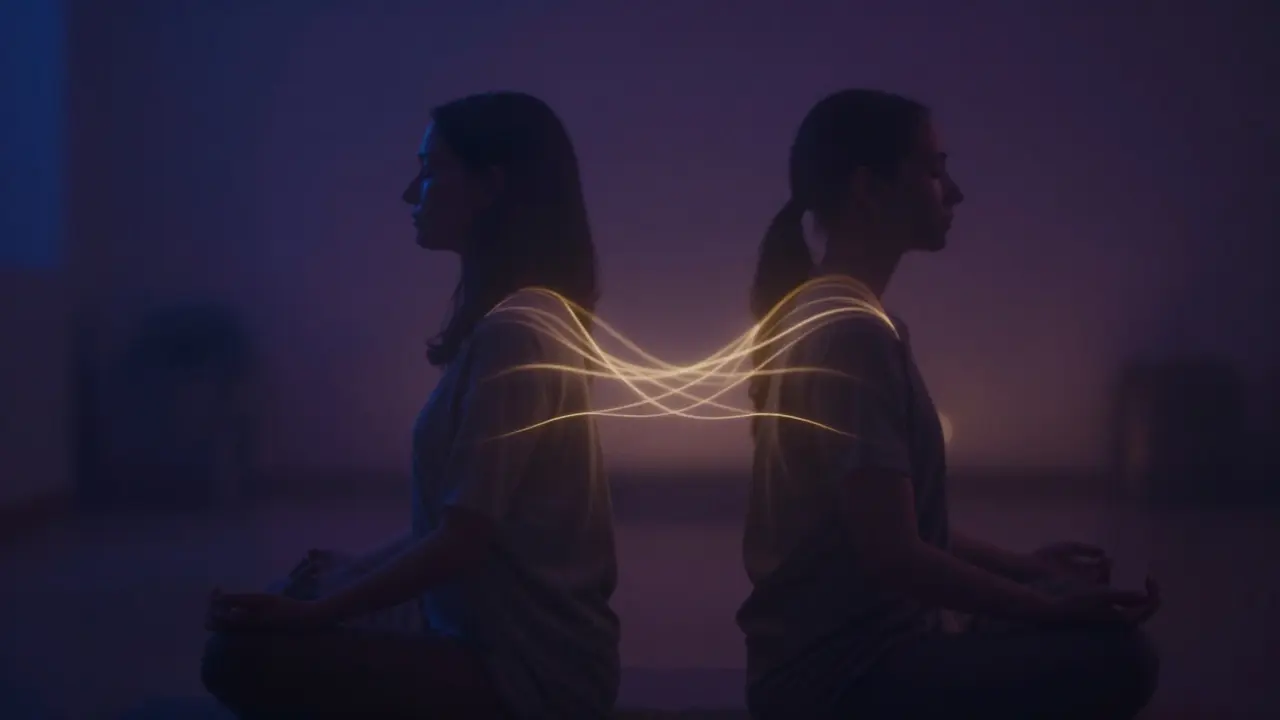 Siluety dvou lidí v meditaci propojených zlatou energií synchronizovaného dechu.
