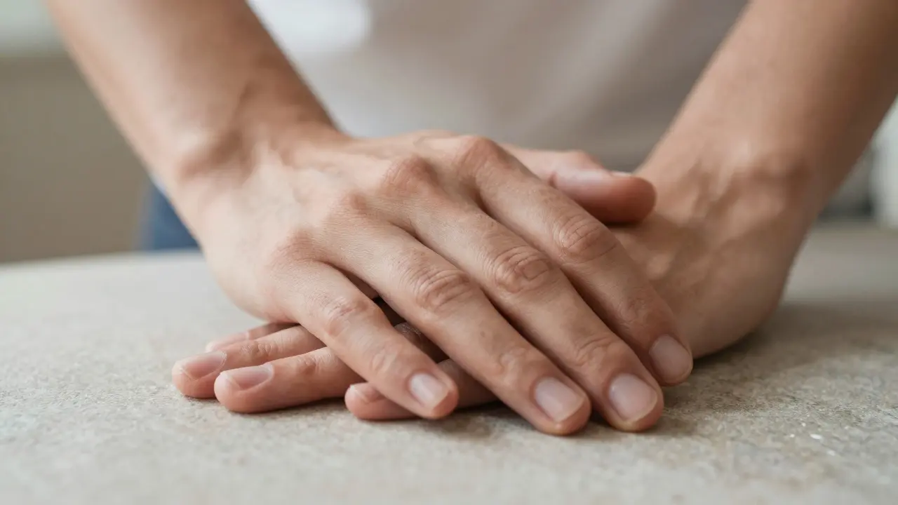 Detail rukou klidně položených na kamenném povrchu