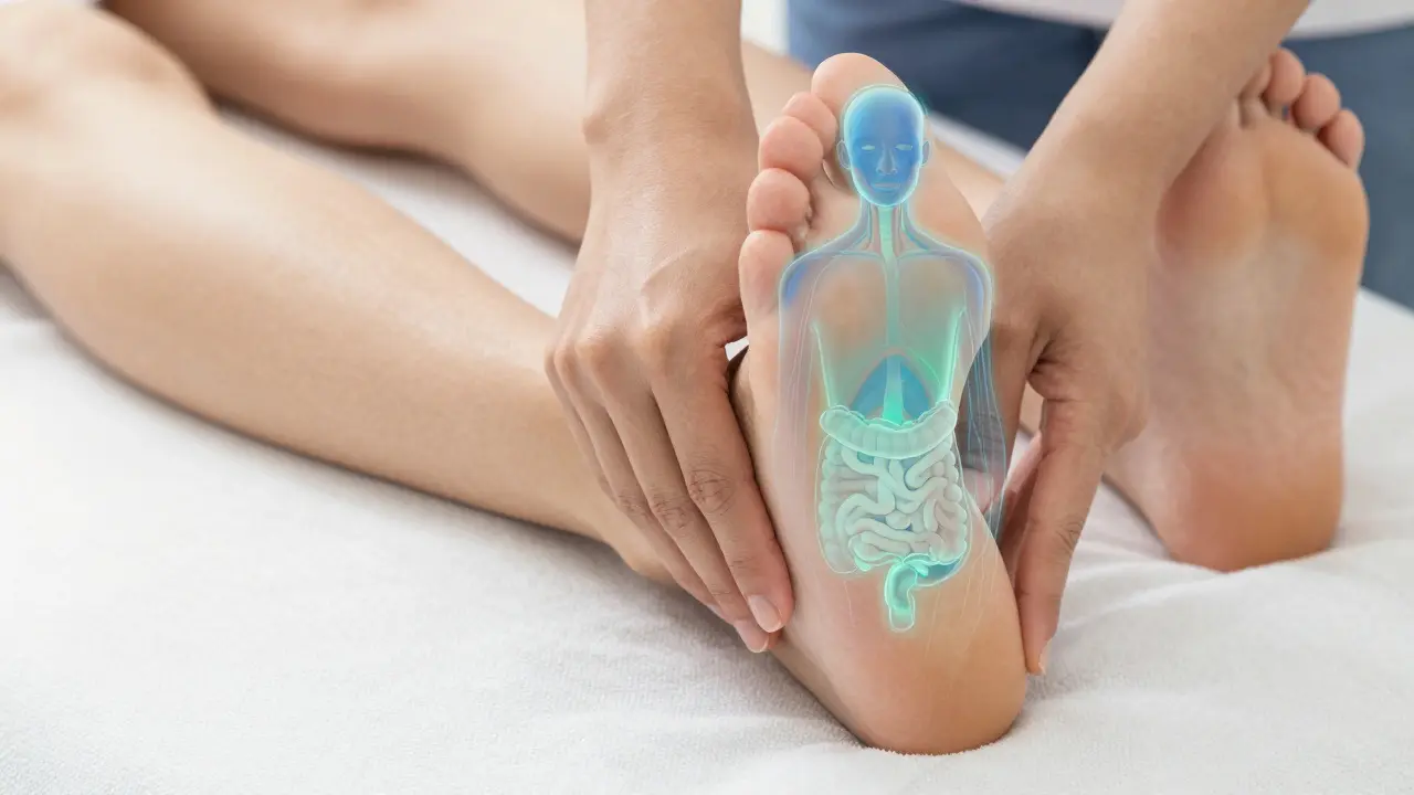 Terapeut aplikuje tlak na reflexní body na chodidle