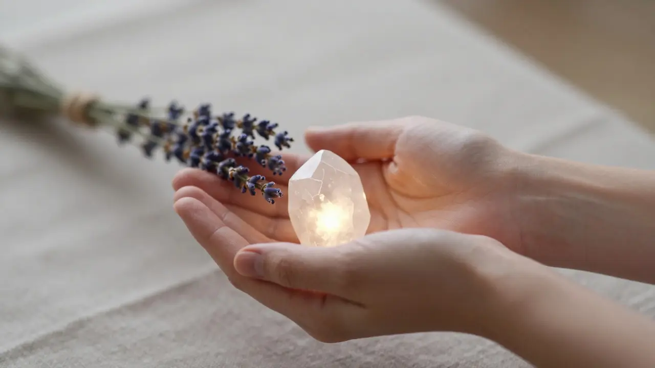 Detail rukou držících krystal nebo bylinky, symbolizující důvěru a péči