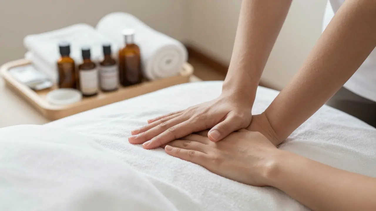 Detail rukou při masáži zdůrazňující hygienu a profesionální hranice