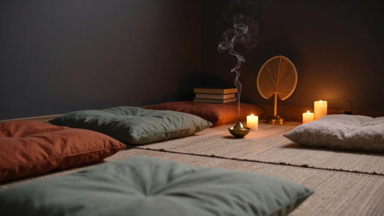 Uklizený pokoj se svíčkami, aromalampou a koberci pro relaxaci