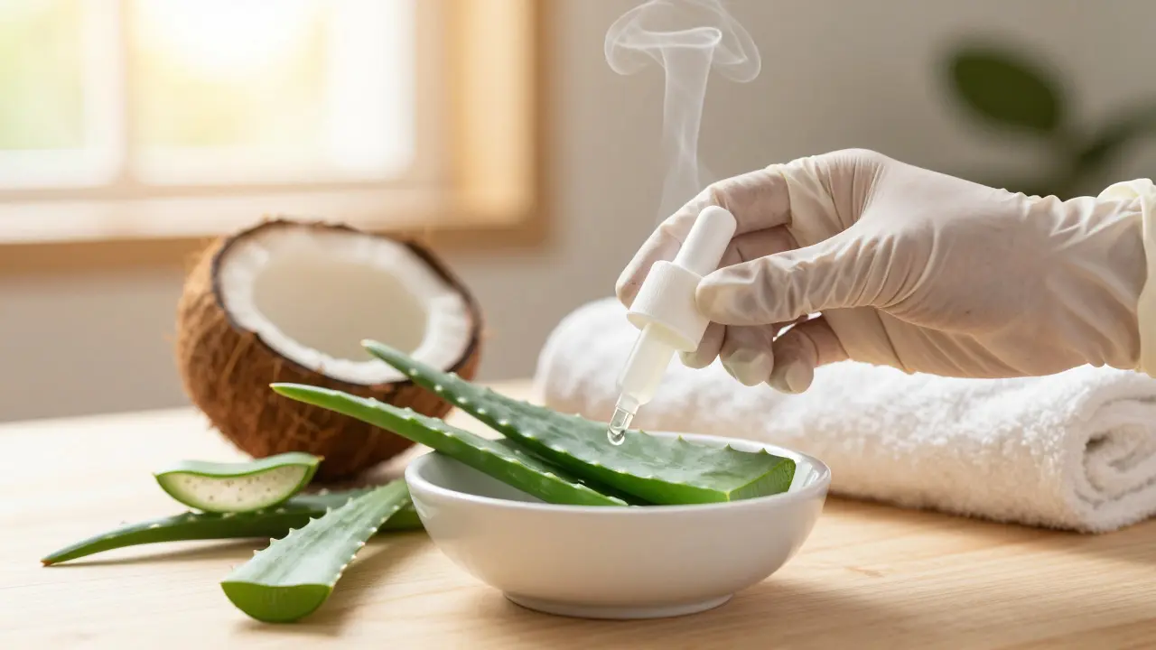 Ručka v rukavici s lubrikantem vedle aloe vera a kokosu ve spa