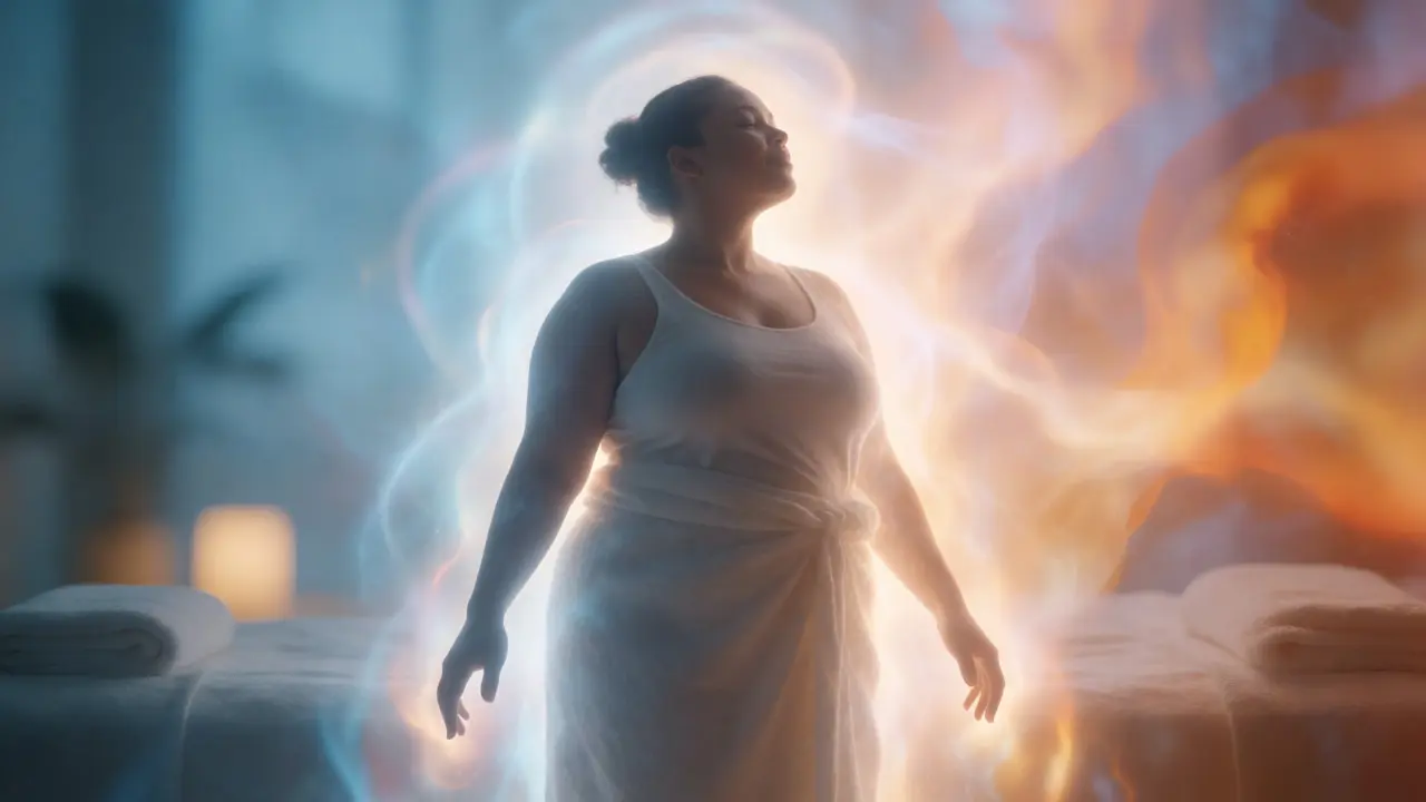 Silhouette of a confident plus size woman surrounded by glowing energy