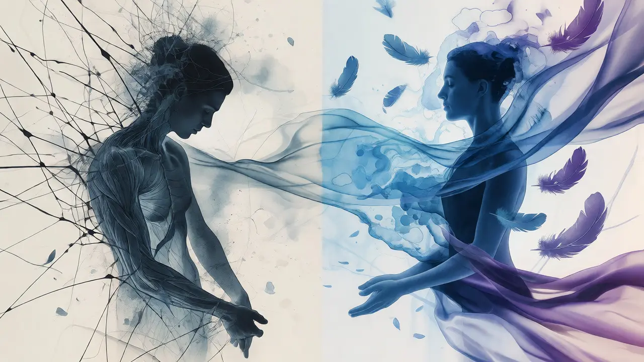 Konceptuální ilustrace přechodu z napětí do hlubokého klidu a uvolnění emocí.