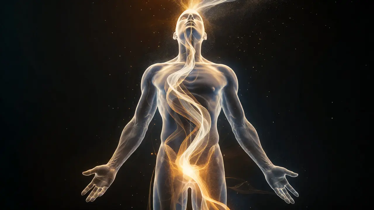 Konceptuální ilustrace toku zlaté energie nahoru podél páteře k hlavě.