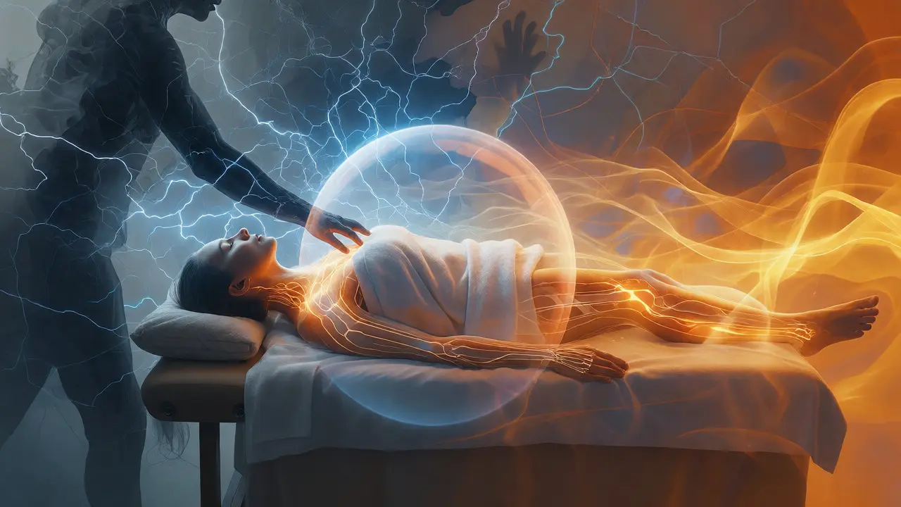 Konceptuální vizualizace nervového systému a energie při masáži