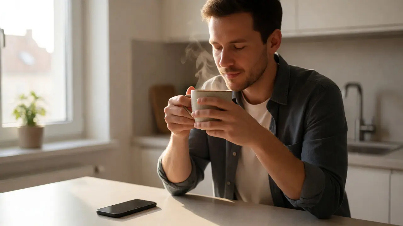 Muž vědomě pije kávu v kuchyni, soustředěn na teplo hrnku bez rozptylování telefonem.