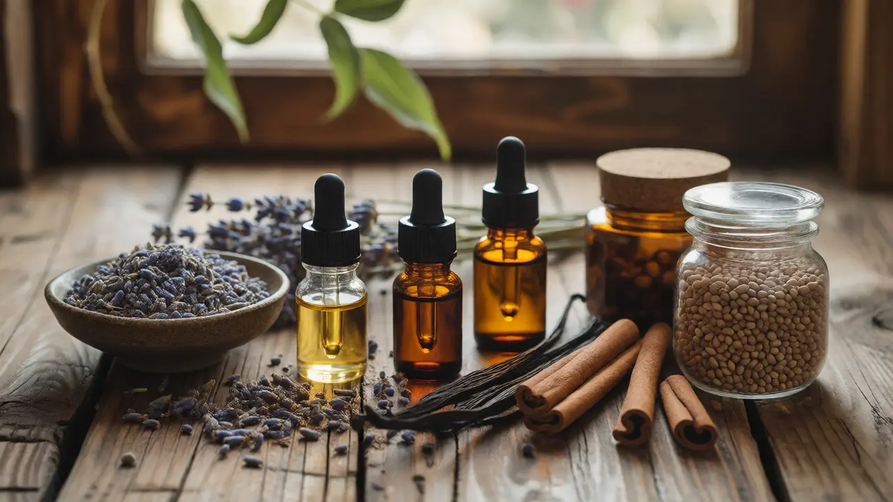Přírodní ingredience pro masážní olej: lahvičky, levandule a skořice na dřevě.