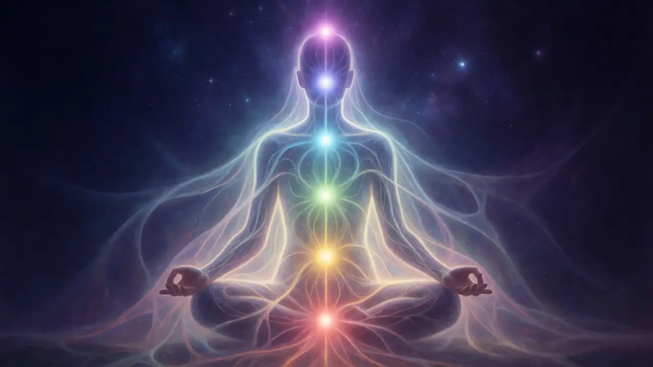 Svítící silueta meditační postavy s vyznačenými čakrami a energetickými kanály.