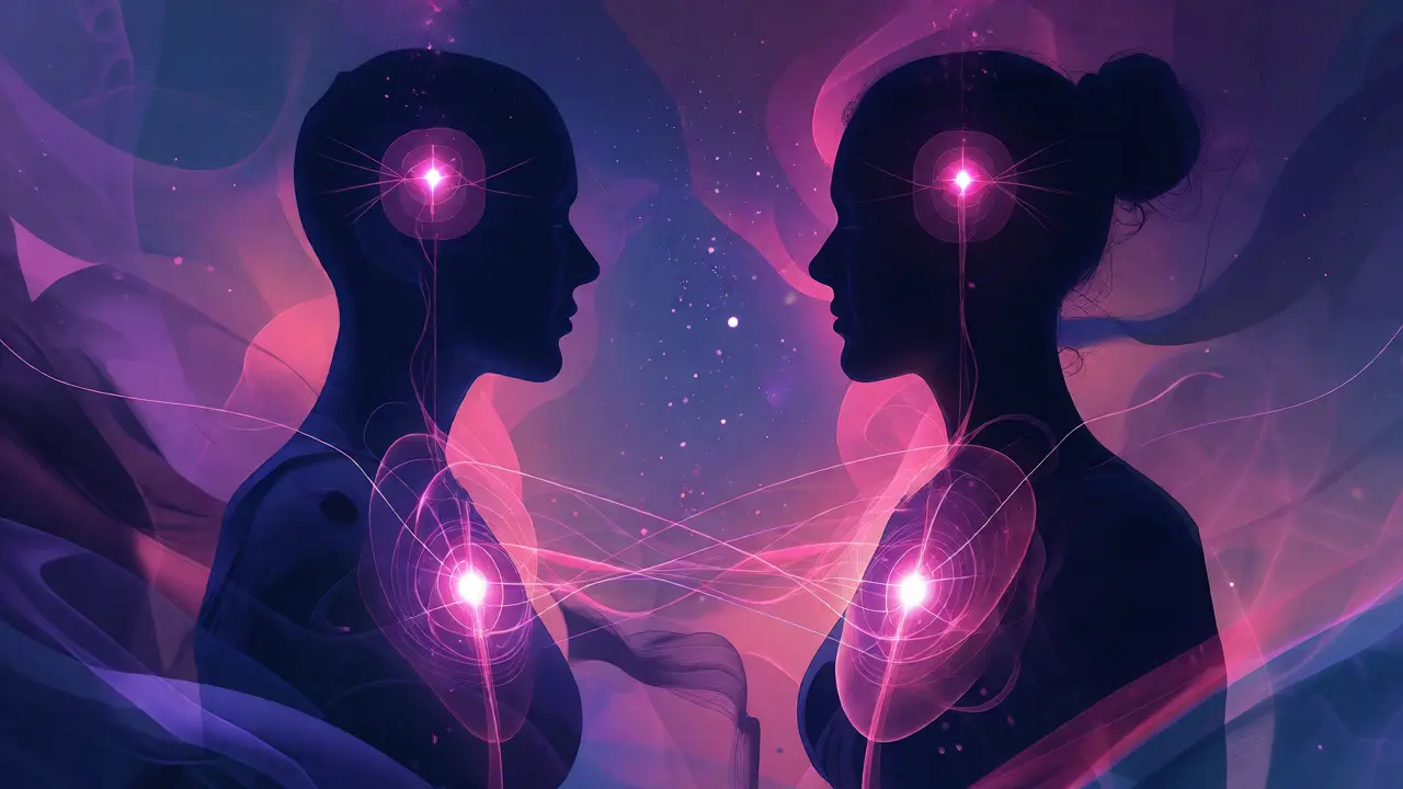 Abstraktní vizualizace energetického propojení mezi dvěma lidmi v meditativním stavu.