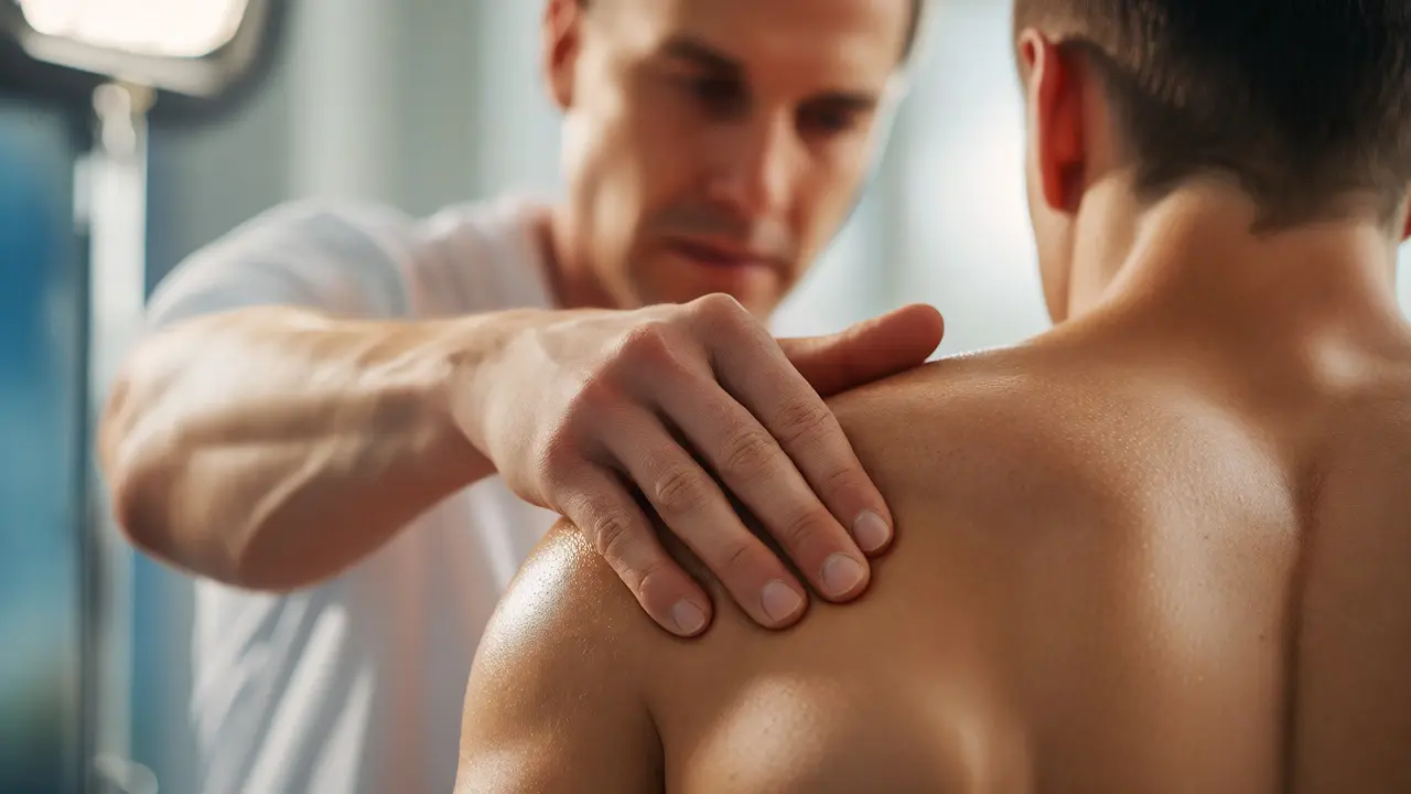 Detailní záběr na sportovní masáž ramene při odborné zkoušce s hodnotitelem.