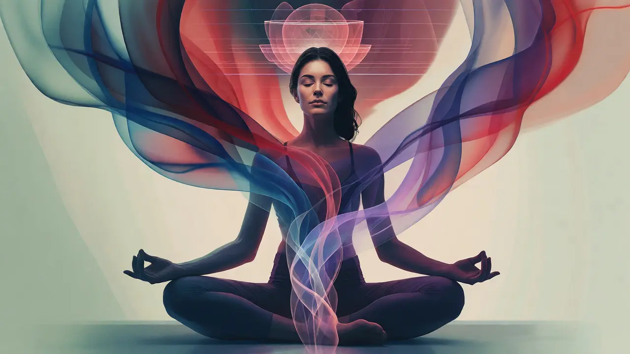 Konceptuální ilustrace ženy v meditaci s barevnými proudy emocí směřujícími k pánvi